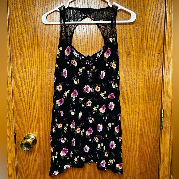 Forever 21 Black Floral Lace-Back Sundress Side Pockets Size L Feminine Boho - Picture 1 of 5
